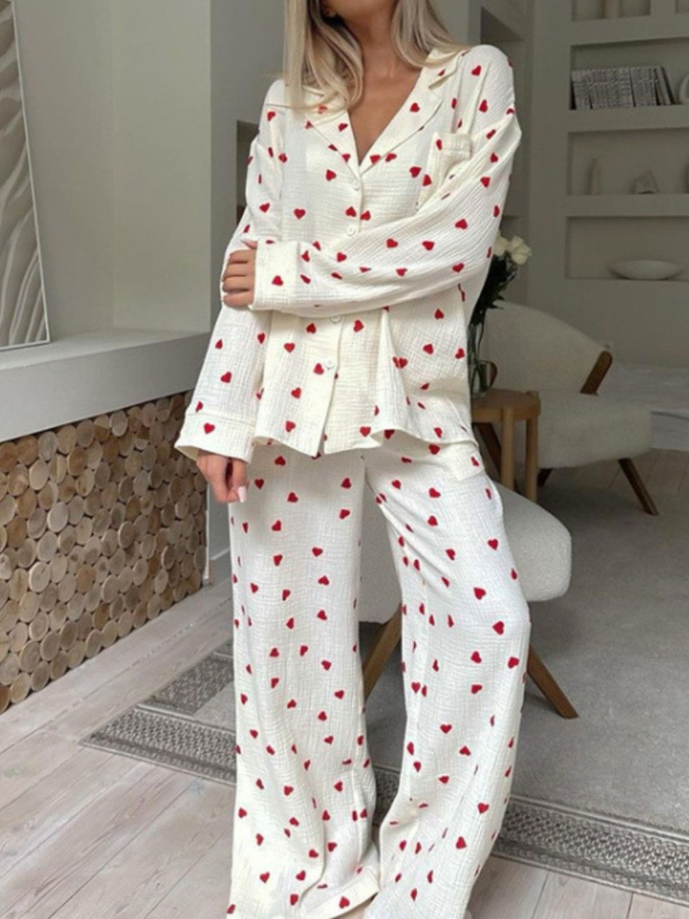 Heart Print Button Up Top and Pants Lounge Set